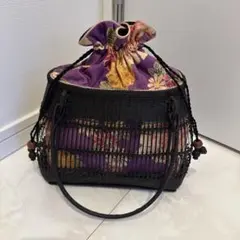 和装用バッグ 紫色 花柄　竹　カバン　鞄　バッグ　浴衣　黒　ブラック　日本