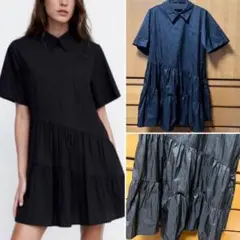 ZARA パネルミニシャツワンピース　ティアードワンピース　黒　ブラック