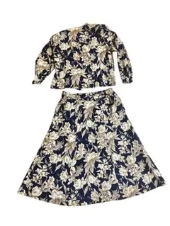90s 東京スタイル 総柄長袖ブラウスとスカートのセットアップ 花柄 薄手