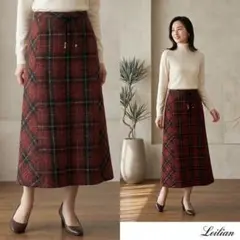 Leilian レリアン【13】ロングスカート 赤 チェック柄 ドロスト 2L