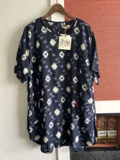 はんなり藍染めや絣（かすり）風の和柄の半袖チュニックワンピースのサムネイル