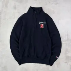 USA古着　champion　ハーフジップ スウェット　企業　ワンポイント　短丈