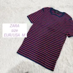 美品【ザラ/ZARA/】半袖リブニット/ネイビー/レッド/ボーダー柄/M