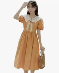 大人可愛い♡ビッグカラー レトロワンピース オレンジ マスタード Sサイズ