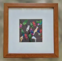 壁掛け 織部 カラフルな鳥の刺繍 木製フレーム