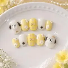 居眠りわんこネイル　ネイルチップ　推し　黄色　春ネイル　犬ネイル　韓国　落書き