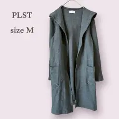 PLST【プラステ】ノーカラーコート　フード　ロング　グレー ウール混　オフィス