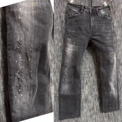 ZARA ペンキペイント　スプラッシュ　ストレッチブラックデニム　エジプト製