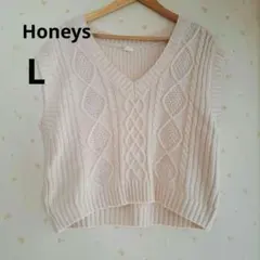 Honeys　ケーブル編み Vネック ニットベスト レディースL　白