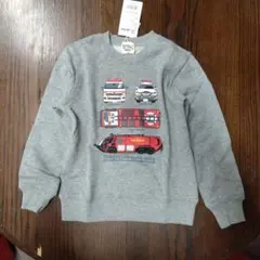 本体綿100% 130cm働く車 緊急車両プリント グレー 裏毛トレーナー