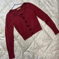 フリーサイズ　リボンデザイン カーディガン レッド　長袖 上品 大人かわいい