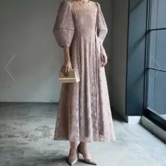 GIRL パフスリーブ総レースロング丈 結婚式 ワンピース パーティードレス
