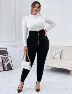 【新品】高ウエスト スラックス タイトパンツ ボタンフライ ハイウエスト3XL黒