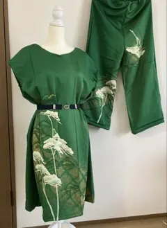 着物リメイク　グリーン松柄ワンピ(裏無し)＆オマケパンツ