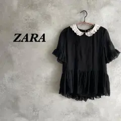 【新品タグ付き】ZARA ブラウス 半袖 刺繍 フリル ブラック XS 302のサムネイル