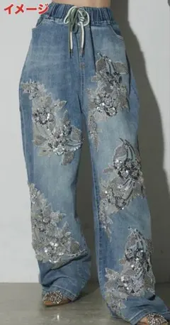 ビーズ装飾ライトブルーデニムパンツ　Lサイズページ
