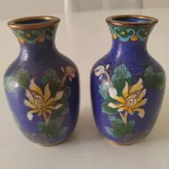 中国美術 七宝焼 景泰藍 花瓶 一対 花鳥牡丹文 15cm 有線七宝 台座 箱