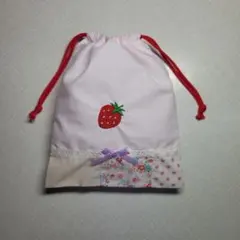 ハンドメイド　巾着袋 『130』いちご刺繍ピンク巾着袋コップ袋　リボンミニポーチ