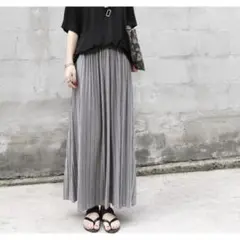 新品✨プリーツスカート マキシ丈 ウエストゴム 【F】ライトグレー