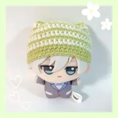 ちびぐるみ ぬい服 猫耳ボーダーニット帽 黄緑×白 ハンドメイド 編み物