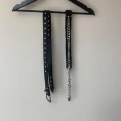 スタッズ付き黒レザーベルトとチェーンベルト2本セット