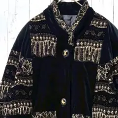 【日本製】総柄ベロアコート フリーサイズ エスニック柄 金ボタン ヴィンテージ