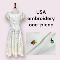 vintageヴィンテージワンピース花刺繍レースホワイト白系レトロUSA海外古着