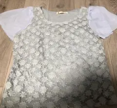 袖シフォン花柄レース半袖トップス水色