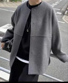 新品未使用　グレー38 スーパー140ビーバーノーカラーショートコート