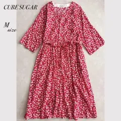 ☆CUBE SUGAR レトロ花柄ワンピ 赤 M 綿100% 春夏　六分袖のサムネイル