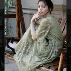 GIRLガールハイネック5分袖総レースミモレ丈結婚式パーティードレス　L