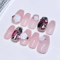 現品 ネイルチップ ワンホン ピンク スナ系 薔薇 ホビ垢 キラキラネイル