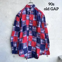 90年代 old GAP パッチワーク チェックシャツ BDシャツ ネイビー