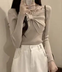 フロントリボンリブニットトップス 大人 秋服のサムネイル
