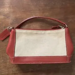 コーチ　オレンジ ベージュ キャンバス レザー ポーチ