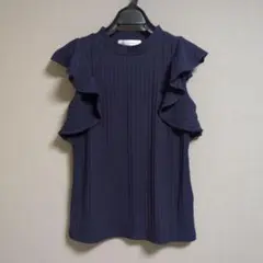 Mew's フリル袖 ネイビーリブノースリーブ カットソー