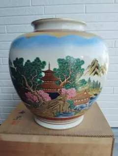 九谷焼 清栄作 色絵山水 花瓶 高さ約32cm 共箱付 大型 花器 飾壺 陶器