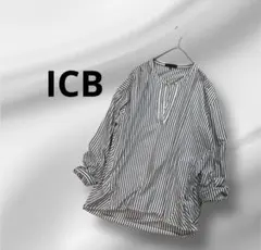 ICBは コットン100ノーカラースキッパーシャツストライプネイビー✖︎ホワイト