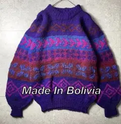 [希少] ボリビア製 手編み 総柄 ウールニット M パープル 一点物 古着
