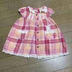 クーラクール　ウサギ刺繍付きピンクチェックワンピース