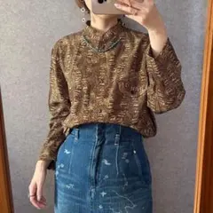 ヴィンテージ レトロ古着 総柄バンドカラーシャツ チュニック丈 マオカラー 茶系のサムネイル