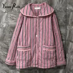 レトロ ピンク ストライプジャケット【M】ホームジャケット パジャマ羽織