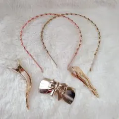 【新品未使用】■ゴールド■ バレッタ ・ヘアクリップ ・カチューシャ 5点セット