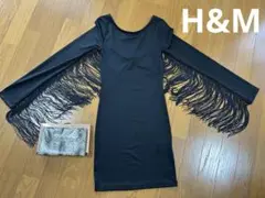 【新品】フリンジ付き黒長袖ミニワンピース