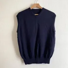 訳あり ネイビー Vネック ノースリーブ ニットベスト M L ウール100%