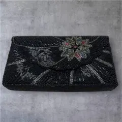 ヴィンテージ風 総ビーズ クラッチバッグ ブラック 花モチーフ パーティーバッグ