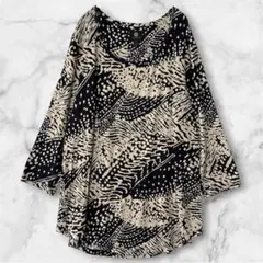 JMコレクション チュニック 七分袖 総柄 L 黒 ビスコース ストレッチ