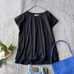 タックルTシャツ(L)半袖/シャーリング/綿混/ラウンドネック/黒/ブラックのサムネイル