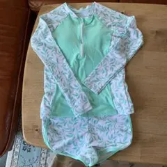 140~150 ミントグリーン葉柄 長袖 ラッシュガード セット　水着上下