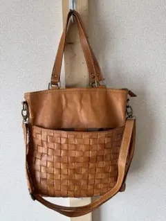 ブラウンレザー編み込みトートバッグ